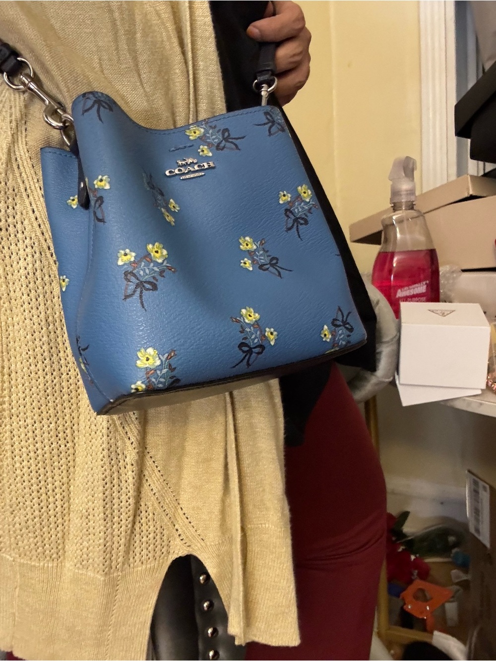 Coach Blue Floral Leather Shoulder Bucket Bag